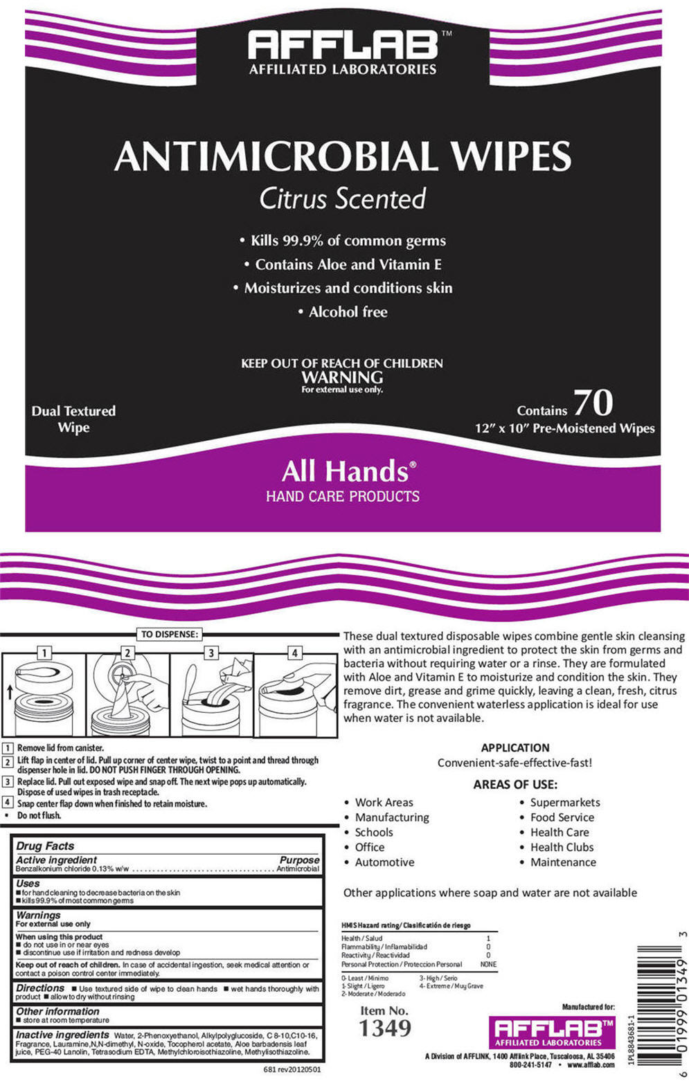 Antimicrobial Wipes Citrus Scented (Benzalkonium Chloride) Cloth [Afflabs, Affiliated Laboratories, A Division Of Afflink]