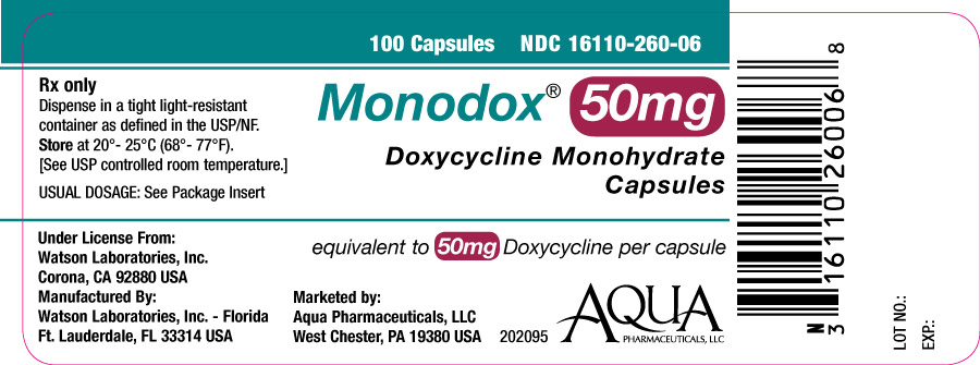 Monodox® 50 mg Doxycycline Monohydrate Capsules NDC 16110-260-06 100 capsule count bottle label