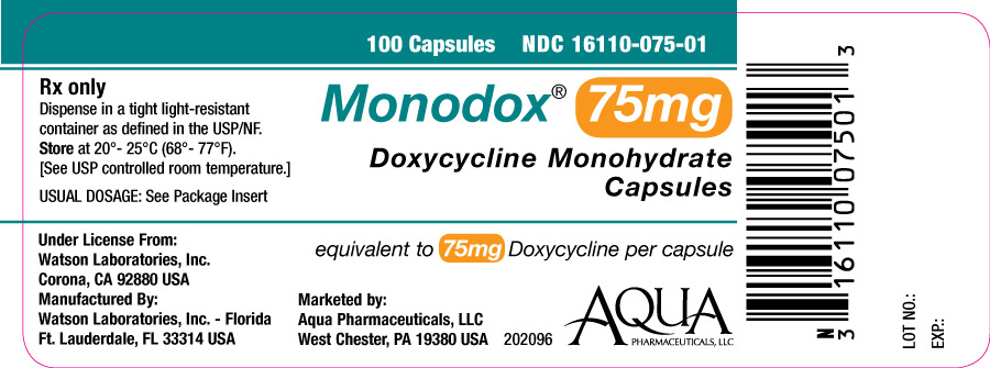 Monodox® 75 mg Doxycycline Monohydrate Capsules NDC 16110-075-01 100 capsule count bottle label