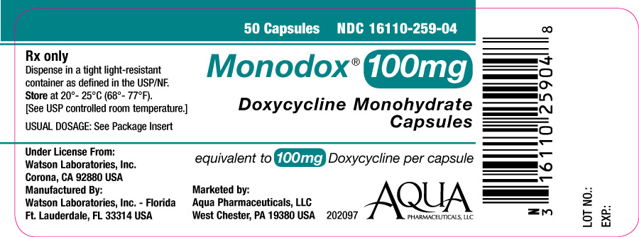 Monodox® 100 mg Doxycycline Monohydrate Capsules NDC 16110-259-04 50 capsule count bottle label