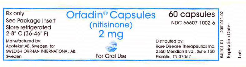 Orfadin (nitisinone) capsules 2 mg bottle label 60 capsules.