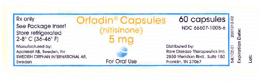 Orfadin (nitisinone) capsules 5 mg bottle label 60 capsules.