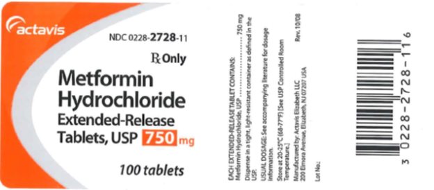 Metformin Hydrochloride Extended-Release Tablets USP 750 mg, 100s Label