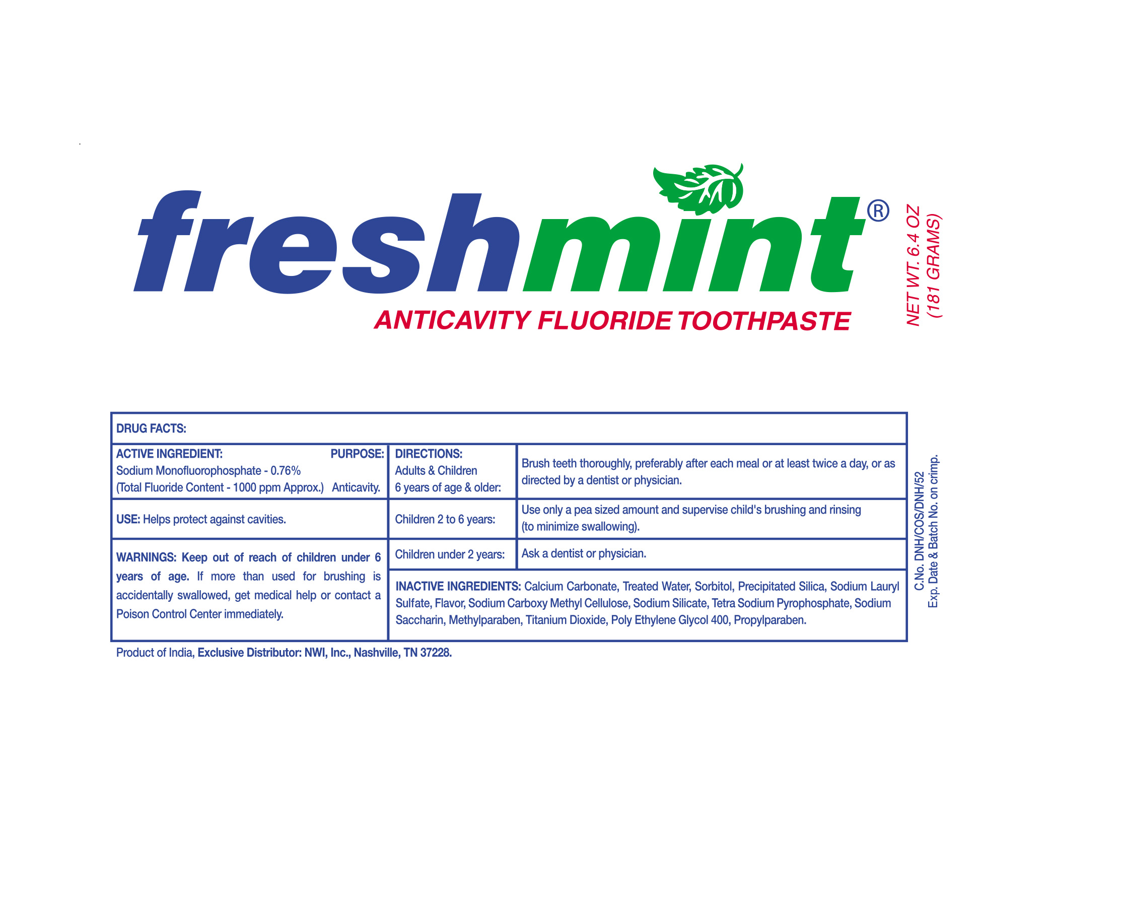 Freshmint Anticavity Flouride | Sodium Monofluorophosphate Paste, Dentifrice Breastfeeding