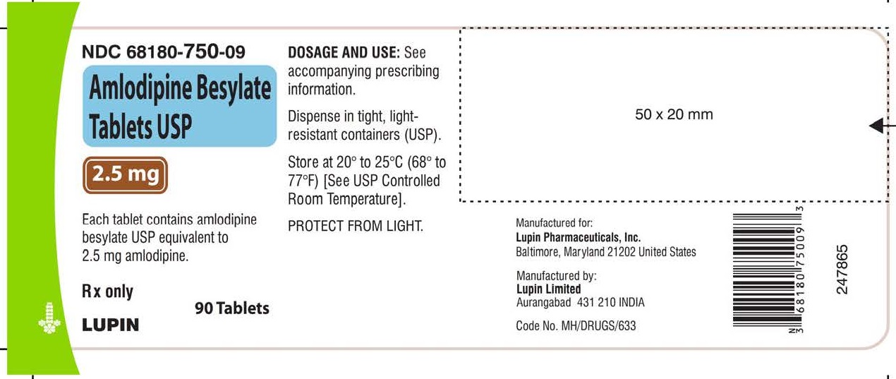 AMLODIPINE BESYLATE TABLETS USP
Rx Only
2.5 mg
NDC 68180-750-09
						90 Tablets