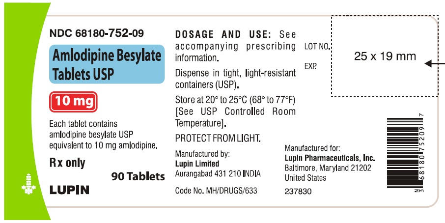 AMLODIPINE BESYLATE TABLETS USP
Rx Only
10 mg
NDC 68180-752-09
						90 Tablets