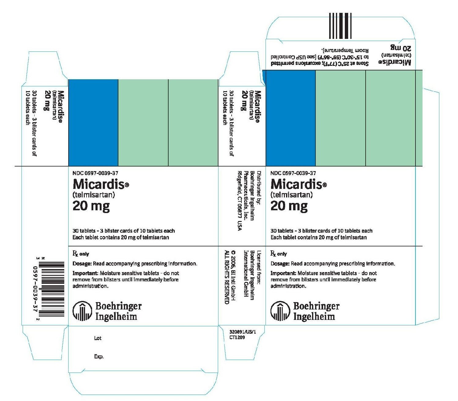 Micardis 20 mg 30 Tablets NDC 0597-0039-37
