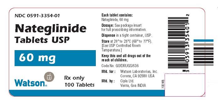 NDC 0591-3354-01
Nateglinide
Tablets USP
60 mg
Watson  Rx only
100 Tablets
