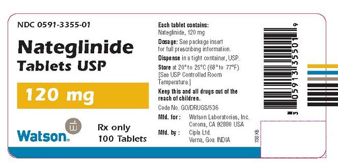 NDC 0591-3355-01
Nateglinide
Tablets USP
120 mg
Watson  Rx only
100 Tablets
