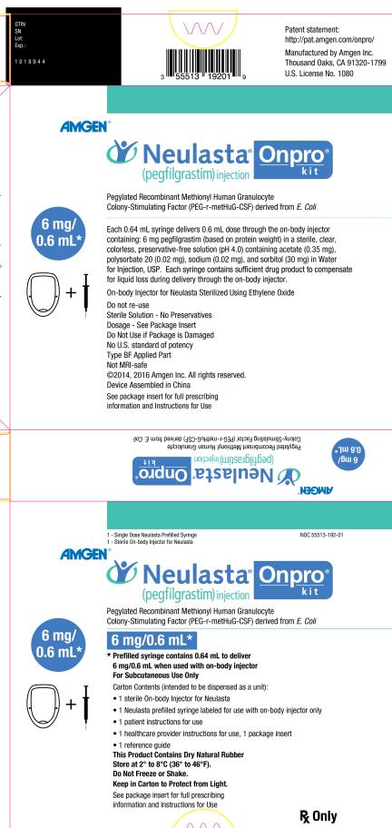 Principal Display Panel NDC 55513-192-01 1 - Single Dose Neulasta Prefilled Syringe 1 - Sterile On-body Injector for Neulasta AMGEN® Neulasta® Onpro® kit (pegfilgrastim) injection Pegylated Recombinant Methionyl Human Granulocyte Colony-Stimulating Factor (PEG-r-metHuG-CSF) derived from E. Coli 6 mg/0.6 mL* 6 mg/0.6 mL* * Prefilled syringe contains 0.64 mL to deliver 6 mg/0.6 mL when used with on-body injector For Subcutaneous Use Only Carton Contents (intended to be dispensed as a unit): •	1 sterile On-body Injector for Neulasta •	1 Neulasta prefilled syringe labeled for use with on-body injector only •	1 patient instructions for use •	1 healthcare provider instructions for use, 1 package insert •	1 reference guide This Product Contains Dry Natural Rubber Store at 2° to 8°C (36° to 46°F). Do Not Freeze or Shake. Keep in Carton to Protect from Light. See package insert for full prescribing information and Instructions for Use Rx Only