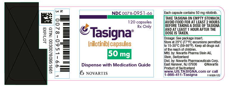 
							PRINCIPAL DISPLAY PANEL
							NDC 0078-0951-8766
							120 Capsules
							Rx Only
							Tasigna®
							(nilotinib) capsules
							50 mg
							Dispense with Medication Guide
							NOVARTIS
							