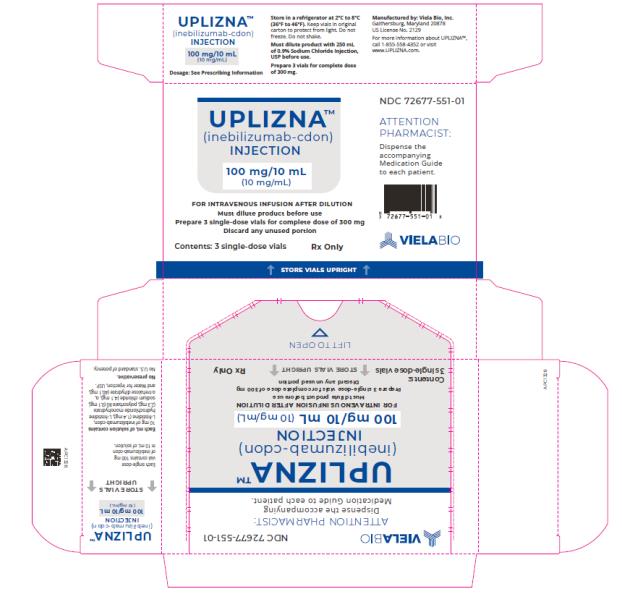 PRINCIPAL DISPLAY PANEL
NDC 72677-551-01
UPLIZNA®
(inebilizumab-cdon)
INJECTION
100 mg/10 mL
Contents: 3 single-dose vials
Rx Only