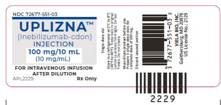 PRINCIPAL DISPLAY PANEL
NDC 72677-551-03
UPLIZNA®
(inebilizumab-cdon)
INJECTION
100 mg/10 mL
FOR INTRAVENOUS INFUSION 
AFTER DILUTION
Rx Only