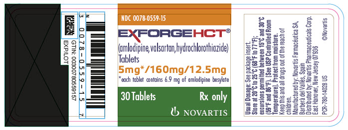 PRINCIPAL DISPLAY PANEL
							NDC 0078-0559-15
							EXFORGE HCT®
							(amlodipine, valsartan, hydrochlorothiazide)
							Tablets
							5 mg* / 160 mg / 12.5 mg
							*each tablet contains 6.9 mg of amlodipine besylate
							30 Tablets
							Rx only
							NOVARTIS
						