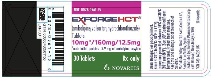PRINCIPAL DISPLAY PANEL
							NDC 0078-0561-15
							EXFORGE HCT®
							(amlodipine, valsartan, hydrochlorothiazide)
							Tablets
							10 mg* / 160 mg / 12.5 mg
							*each tablet contains 13.9 mg of amlodipine besylate
							30 Tablets
							Rx only
							NOVARTIS
						