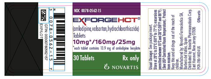PRINCIPAL DISPLAY PANEL
							NDC 0078-0562-15
							EXFORGE HCT®
							(amlodipine, valsartan, hydrochlorothiazide)
							Tablets
							10 mg* / 160 mg / 25 mg
							*each tablet contains 13.9 mg of amlodipine besylate
							30 Tablets
							Rx only
							NOVARTIS
							