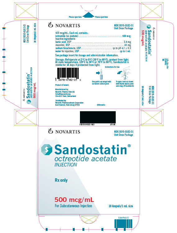 PRINCIPAL DISPLAY PANEL
							NOVARTIS
							NDC 0078-0182-01
							Unit Dose Package
							Sandostatin®
							octreotide acetate
							INJECTION
							Rx only
							500 mcg/mL
							For Subcutaneous or Intravenous Use
							10 Ampuls/1 mL size
							