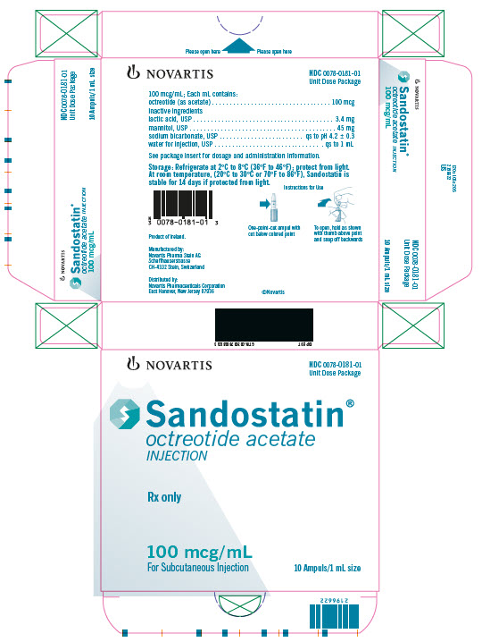 PRINCIPAL DISPLAY PANEL
							NOVARTIS
							NDC 0078-0181-01
							Unit Dose Package
							Sandostatin®
							octreotide acetate
							INJECTION
							Rx only
							100 mcg/mL
							For Subcutaneous or Intravenous Use
							10 Ampuls/1 mL size
							