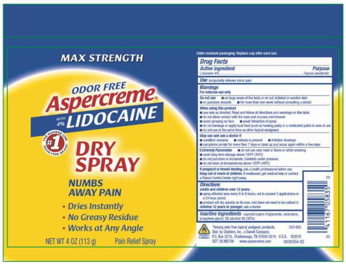 MAX STRENGTH
Aspercreme 
LIDOCAINE
PAIN RELIEF SPRAY
NET WT 4 OZ (113 g)
