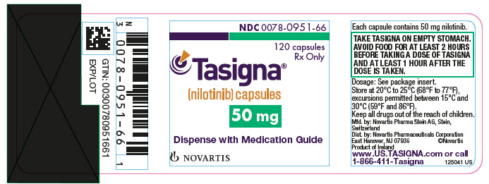 
							PRINCIPAL DISPLAY PANEL
							NDC 0078-0951-8766
							120 Capsules
							Rx Only
							Tasigna®
							(nilotinib) capsules
							50 mg
							Dispense with Medication Guide
							NOVARTIS
							