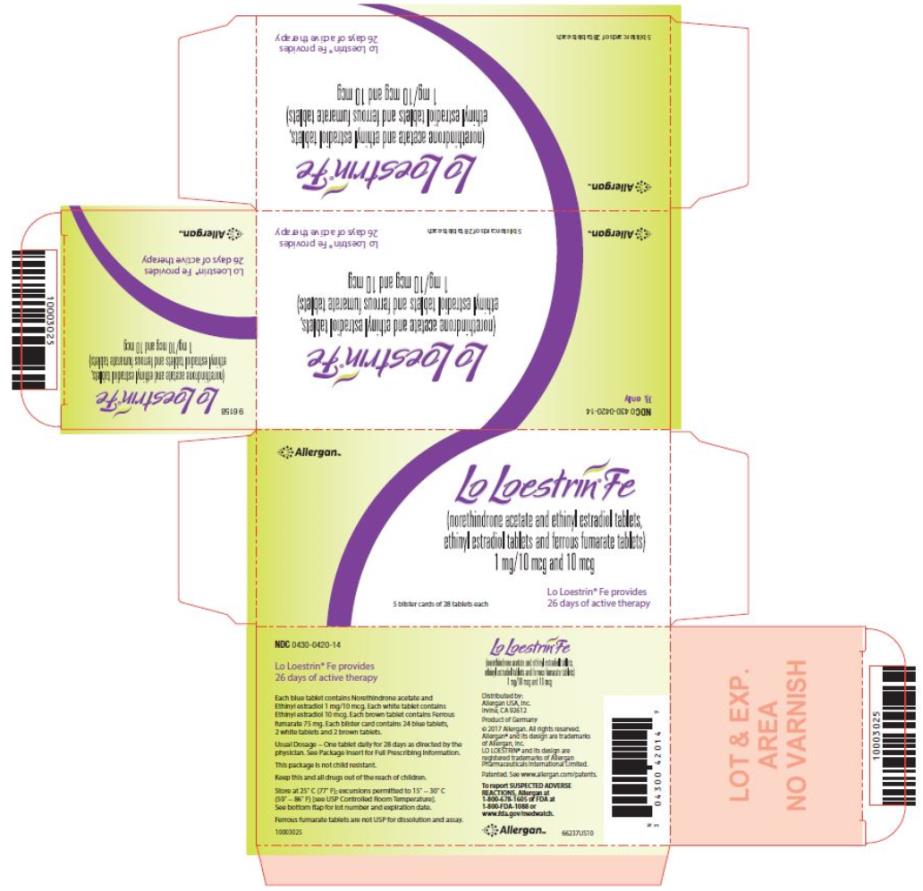 NDC 0430-0420-14
Rx only
Lo Loestrin® Fe 
(norethindrone acetate and ethinyl estradiol tablets,
ethinyl estradiol tablets and ferrous fumarate tablets)
1 mg/10 mcg and 10 mcg
Lo Loestrin® Fe provides
26 days of active therapy
5 blister cards of 28 tablets each
Allergan
