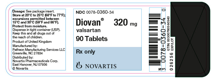 PRINCIPAL DISPLAY PANEL
								NDC 0078-0360-34
								Diovan®
								valsartan
								320 mg
								90 Tablets
								Rx only		
								NOVARTIS