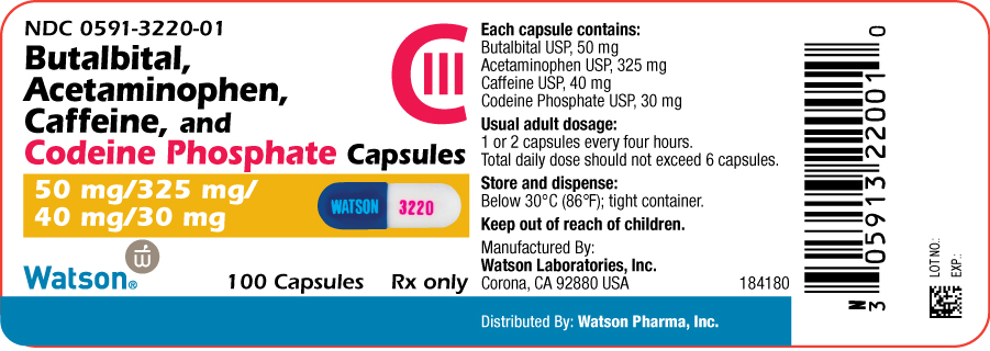 Butalbital, Acetaminophen, Caffeine, and Codeine Phosphate Capsules Bottle with 100 Capsules NDC 0591-3220-01