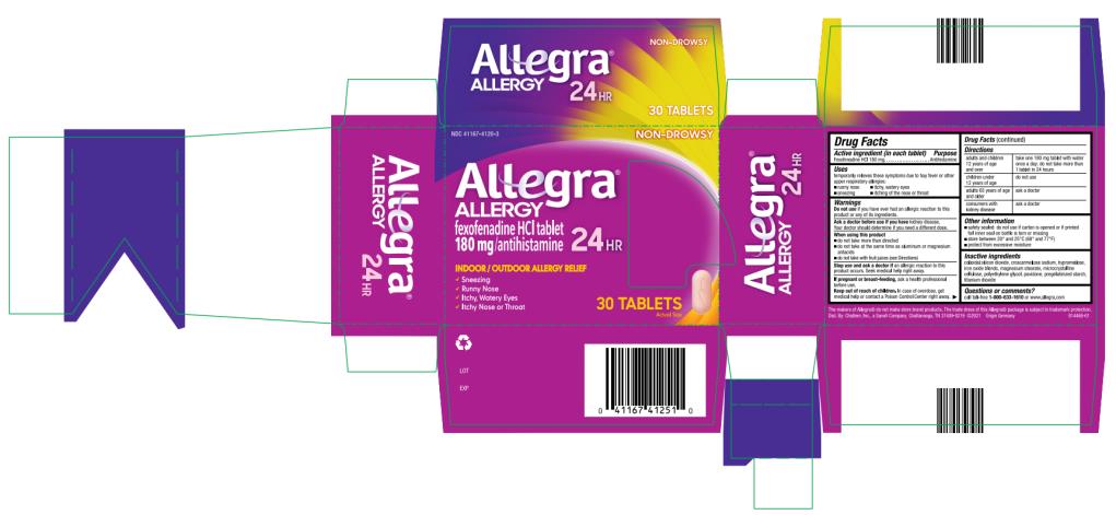 NDC 41167-4120-3
Allegra
ALLERGY
180 mg/ antihistamine
24 HR
30 TABLETS
