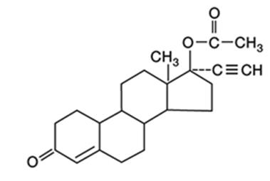 Norethindrone acetate USP, (17-hydroxy-19-nor-17α-pregn-4-en-20-yn-3-one acetate), a synthetic, orally active progestin, is the acetic acid ester of norethindrone. It is a white, or creamy white, crystalline powder. 