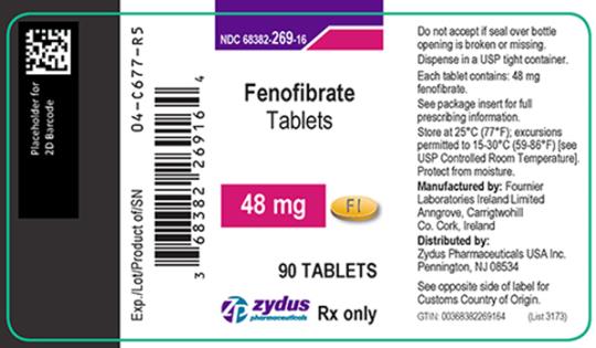 NDC 68382–269–16 
Fenofibrate Tablets 
48 mg 90 Tablets 
zydus pharmaceuticals 
Rx only 
