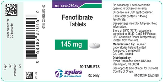 NDC 68382–270–16 
Fenofibrate Tablets 
145 mg 90 Tablets 
zydus pharmaceuticals 
Rx only 
