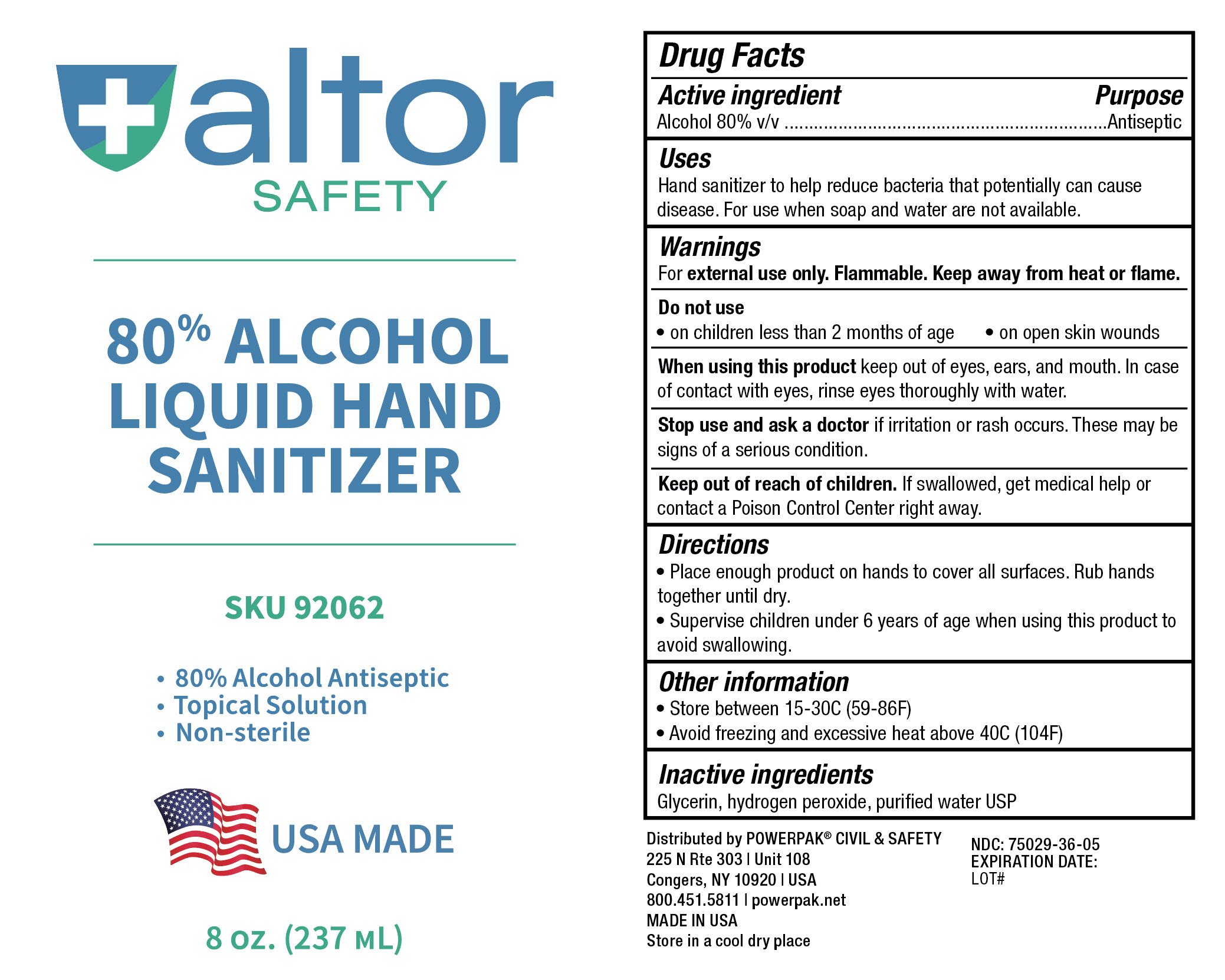 Altor Safety - 80% Alcohol Liquid Hand Sanitizer - 8oz (237mL) - 75029-036-05