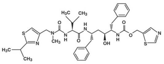 The following structural formula for Ritonavir is chemically designated as 10-hydroxy-2-methyl-5-(1-methylethyl)-1- [2-(1-methylethyl)-4-thiazolyl]-3,6-dioxo-8,11-bis(phenylmethyl)-2,4,7,12-tetraazatridecan-13-oic acid, 5-thiazolylmethyl ester, [5S-(5R*,8R*,10R*,11R*)]. Its molecular formula is C37H48N6O5S2, and its molecular weight is 720.95. Ritonavir is a white to light tan powder. It is freely soluble in methanol and ethanol, soluble in isopropanol and practically insoluble in water. 