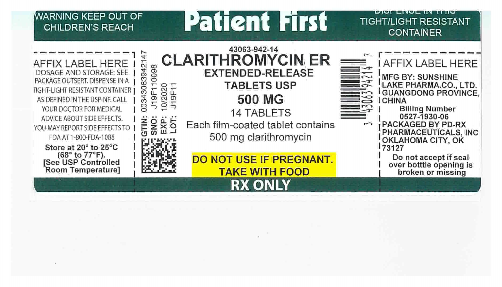 Clarithromycin Extended-release Tablets USP, 500 mg