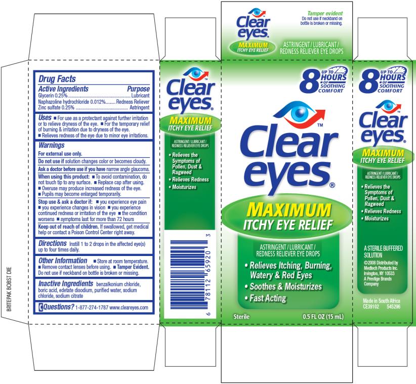 CLEAR 
EYES®
MAXIMUM 
ITCHY EYE 
RELIEF
ASTRINGENT LUBRICANT/
REDNESS RELIEVER EYE DROPS
