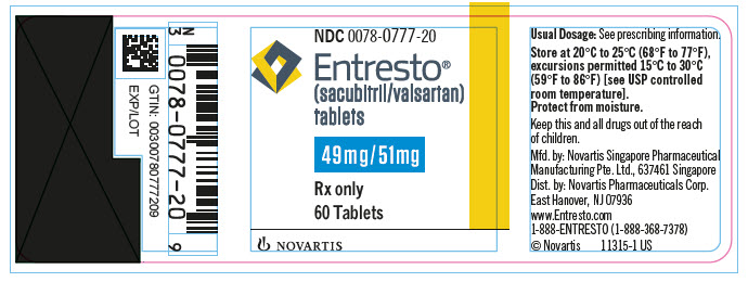 PRINCIPAL DISPLAY PANEL
								NDC 0078-0777-20
								Entresto®
								(sacubitril/valsartan) tablets
								49 mg / 51 mg
								Rx only
								60 Tablets
								NOVARTIS
