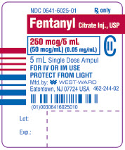 NDC 0641-6028-01 Rx only Fentanyl Citrate Inj., USP CII 250 mcg per 5 mL (50 mcg/mL) For IV or IM use Preservative-free 5 mL Single Dose Vial