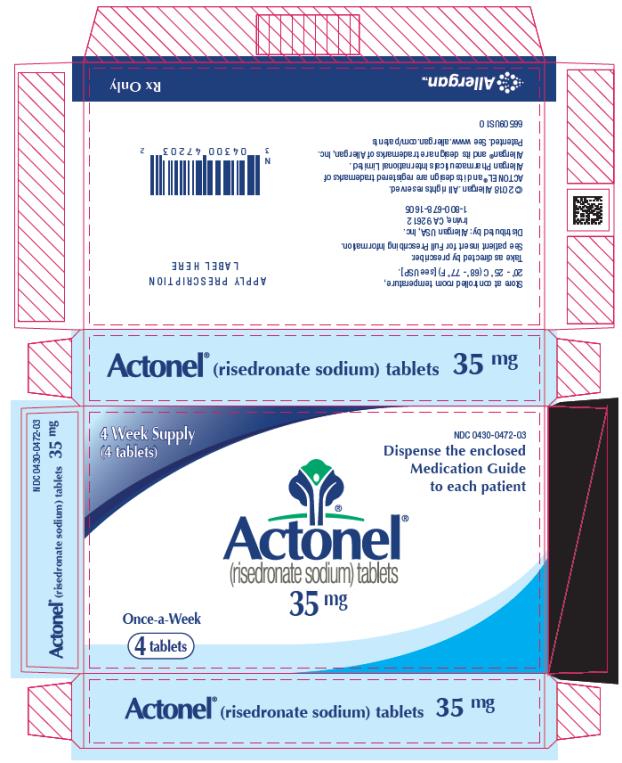 NDC 0430-0472-03
4 Week Supply
(4 tablets)
Actonel®
(risedronate sodium) tablets
35 mg
Please read the enclosed Medication Guide for full patient information.

Rx Only
