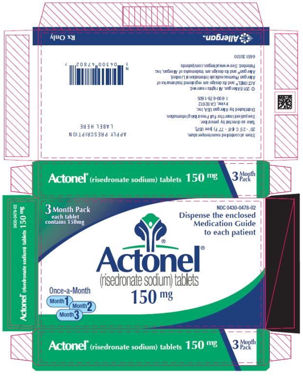 NDC 0430-0478-02
3 Month Pack
each tablet
contains 150mg
Actonel®
(risedronate sodium) tablets
150 mg
Please read the enclosed Medication Guide for full patient information.
Rx Only

