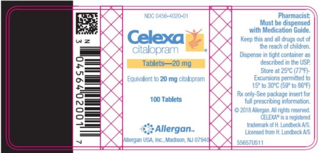 PRINCIPAL DISPLAY PANEL
NDC 0456-4020-01
Celexa
citalopram
Tablets – 20 mg
Equivalent to 20 mg citalopram
100 Tablets

