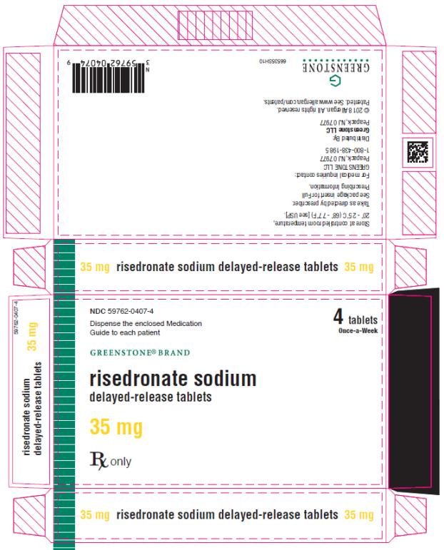 NDC 59762-0407-4
Dispense the enclosed Medication
Guide to each patient
4 tablets
Once-a-Week
GREENSTONE® BRAND
risedronate sodium
delayed-release tablets
35 mg
Rx only
