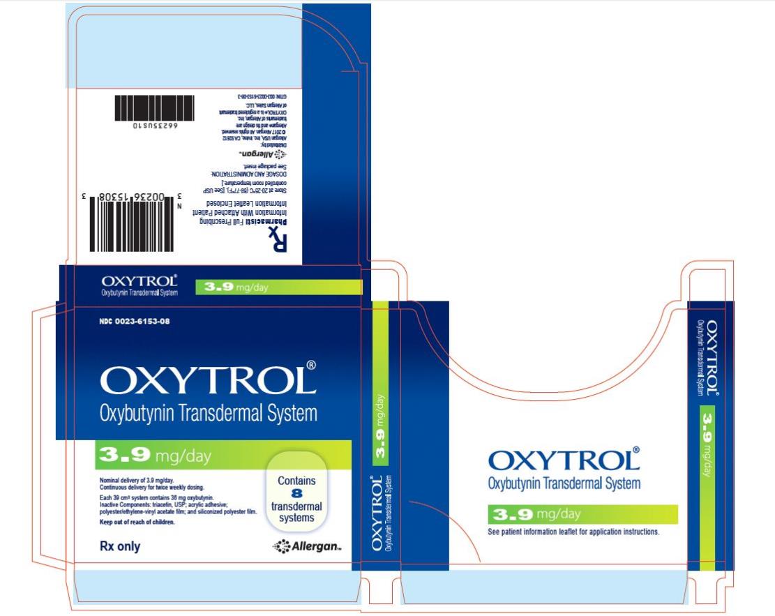 PRINCIPAL DISPLAY PANEL
NDC 0023-6153-08
OXYTROL® 
Oxybutynin Transdermal System
3.9 mg/day
Nominal delivery of 3.9 mg/day.
Continuous delivery for twice weekly dosing.
Each 39 cm2 system contains 36 mg oxybutynin.
Inactive Components: triacetin, USP; acrylic adhesive;
polyester/ethylene-vinyl acetate film, and siliconized polyester film.
Contains 8 transdermal systems
Keep out of reach of children.
Rx only
