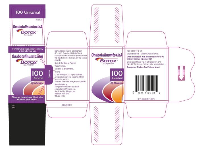 PRINCIPAL DISPLAY PANEL
NDC 0023-1145-01
Onabotulinumtoxin A
BOTOX
for injection
100 Units/Vial
