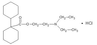 BENTYL (dicyclomine hydrochloride) is [bicyclohexyl]-1-carboxylic acid, 2-(diethylamino) ethyl ester, hydrochloride, with a molecular formula of C19H35NO2•HCl and the following structural formula: