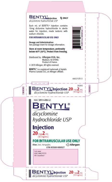 PRINCIPAL DISPLAY PANEL
NDC 58914-080-52
BENTYL
dicyclomine 
hydrochloride USP
Injection
20 mg/2 mL

(10 mg/mL)
FOR INTRAMUSCULAR USE ONLY

