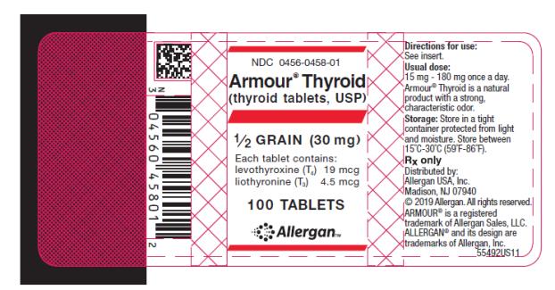 NDC 0456-0458-01 
Armour® Thyroid
(thyroid tablets, USP)
½ GRAIN (30 mg)
Each tablet contains: 
levothyroxine (T4) 19 mcg 
liothyronine (T3) 4.5 mcg 
100 TABLETS
abbvie
Rx only
