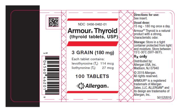 NDC 0456-0462-01 
Armour® Thyroid
(thyroid tablets, USP)
3 GRAIN (180 mg)
Each tablet contains: 
levothyroxine (T4) 114 mcg 
liothyronine (T3) 27 mcg 
100 TABLETS
abbvie
Rx only
