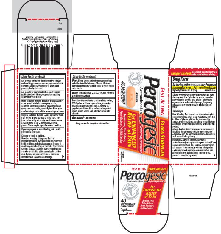 PRINCIPAL DISPLAY PANEL
FAST ACTING EXTRA STRENGTH
Percogesic®
Acetaminophen/
Diphenhydramine
for ENCHANCED
RELIEF of PAIN
Aspirin-Free, Pain Reliever,
Fever Reducer/ Antihistamine

40 EASY TO SWALLOW COATED TABLETS
