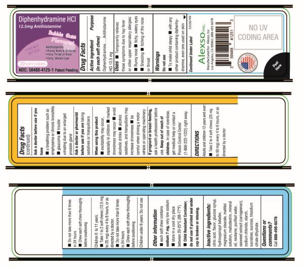 Diphenhydramine HCl 12.5 mg Soft Chews
20 Bubble Gum Flavored Gummies
Chewy Gummy Bites
NDC:50488-4125-1     Patent Pending
