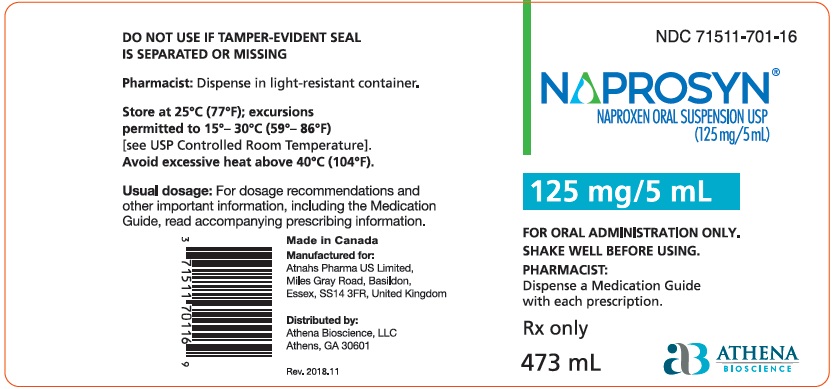 PRINCIPAL DISPLAY PANEL
					 NDC – 71511-701-16
				Naprosyn
				(naproxen suspension)
				125 mg/5 mL (contains 39 mg sodium)
				473 mL Bottle
				Rx Only